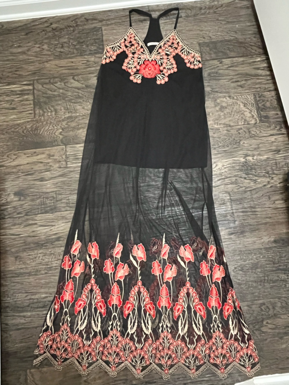 Alice + Olivia Black Sheer Maxi  with Red Floral Embroidery